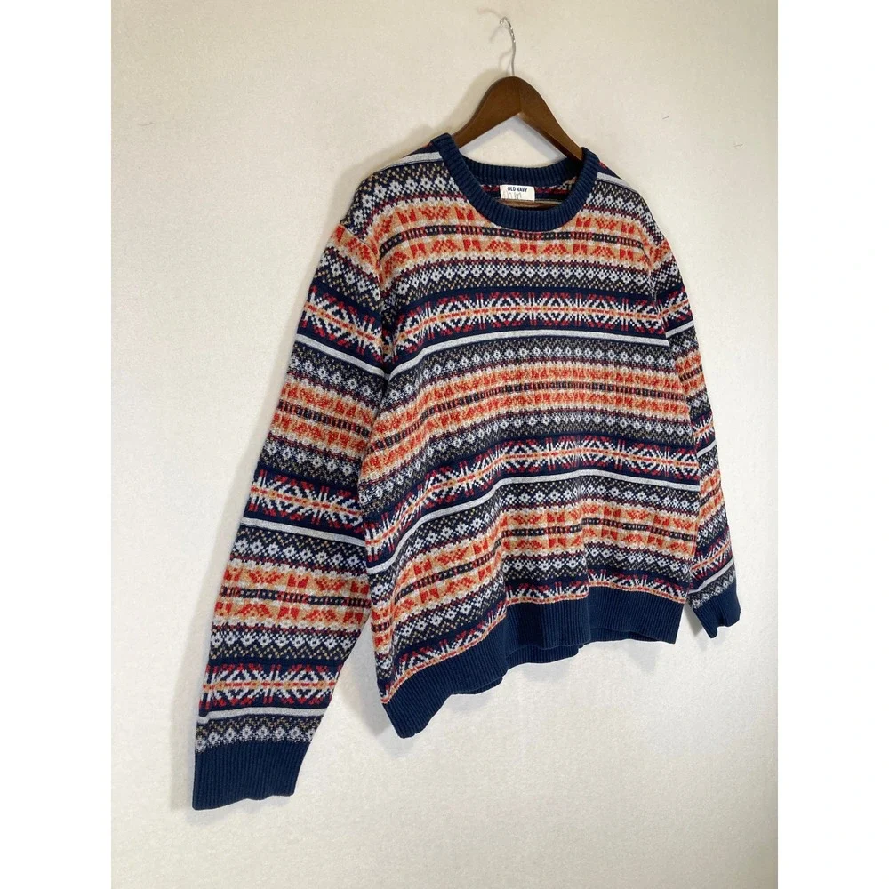 Fair Isle Cabincore‎ Old Navy Womens XL Navy Orange Knit Crewneck Sweater